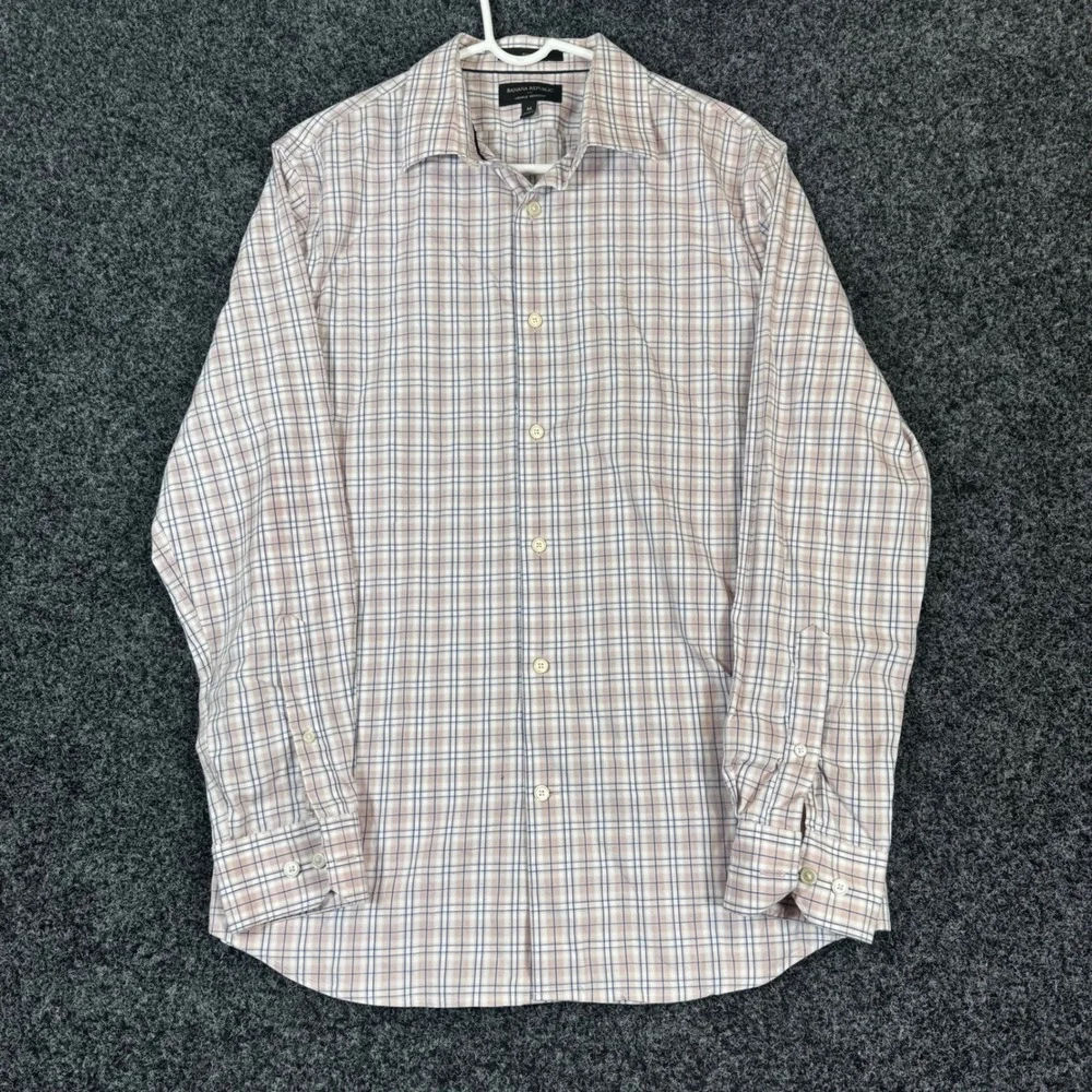 Banana Republic Mens Slim Fit Wrinkle Resistant Plaid Button Down Shirt Pink M